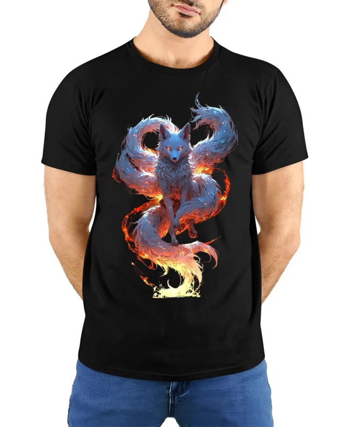 Mystic Flame Fox T-Shirt Elemental Spirit Animal Graphic Tee for Fantasy Fans - model wearing black shirt, hands behind back