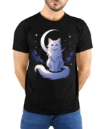 Moon Cat Starlight Whimsical Kitten Moon Stars T-Shirt for Cat Lovers - model wearing black shirt, hands behind back