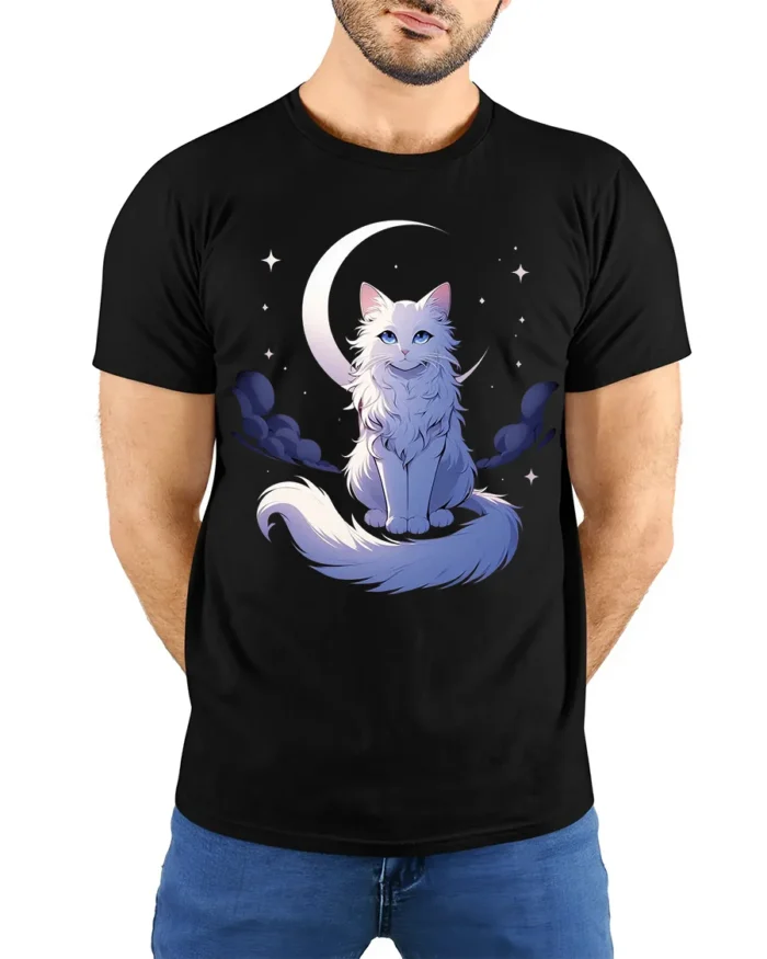 Moon Cat Starlight Whimsical Kitten Moon Stars T-Shirt for Cat Lovers - model wearing black shirt, hands behind back