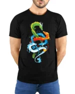 Chromatic Dragon Alliance Vibrant Elemental Dragons T-Shirt for Fantasy Fans - model wearing black shirt, hands behind back
