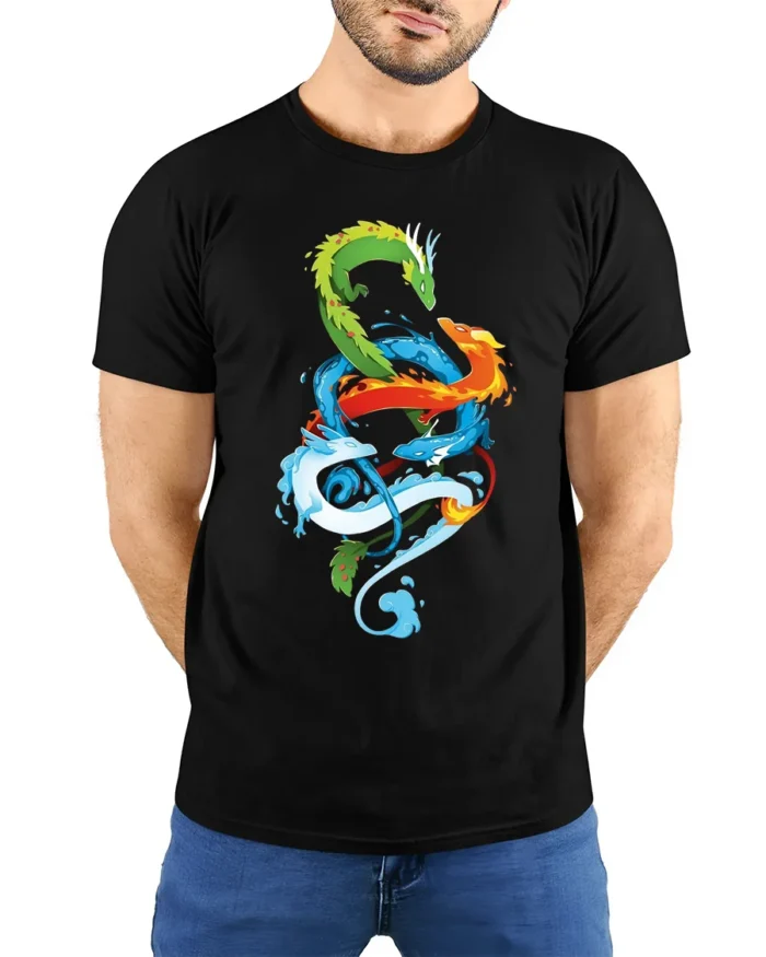 Chromatic Dragon Alliance Vibrant Elemental Dragons T-Shirt for Fantasy Fans - model wearing black shirt, hands behind back