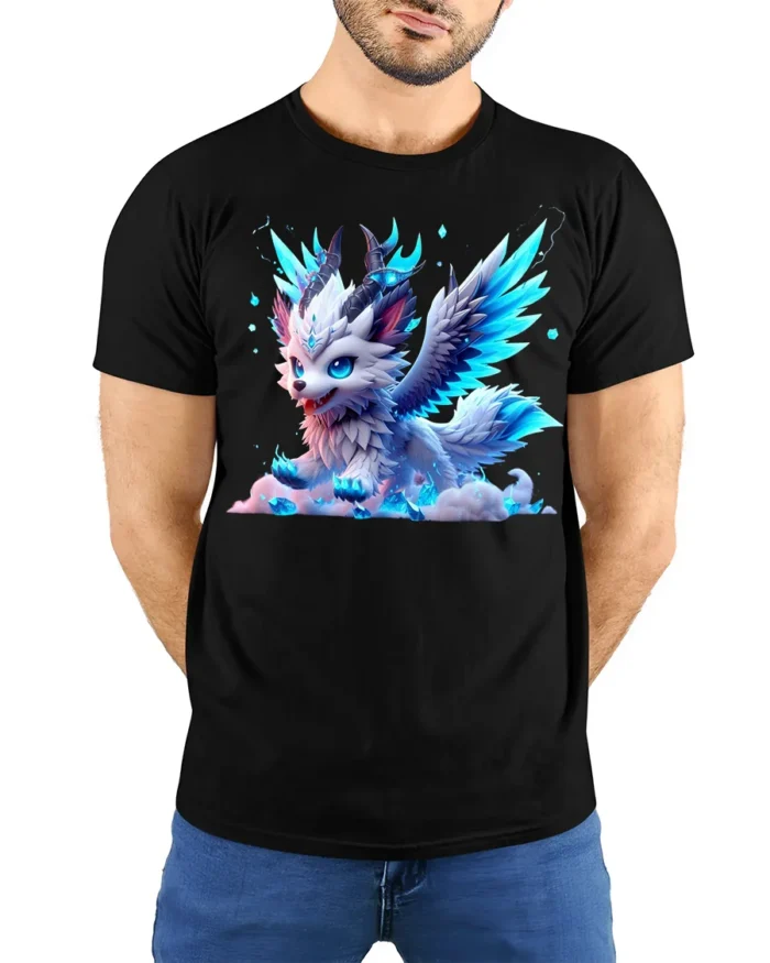 Frost Winged Wolf Tee Cute Icy Creature T-Shirt for Fantasy Lovers - model wearing black shirt, hands behind back