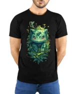 Nature Bulbasaur T-Shirt Cute Pokemon Creature Graphic Tee for US Fans - model wearing black shirt, hands behind back