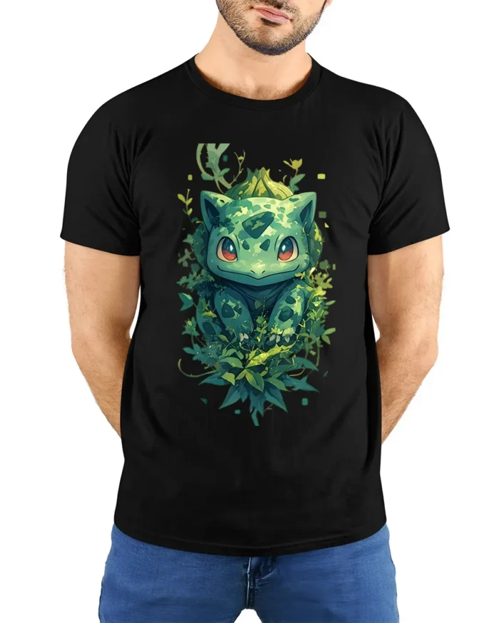 Nature Bulbasaur T-Shirt Cute Pokemon Creature Graphic Tee for US Fans - model wearing black shirt, hands behind back