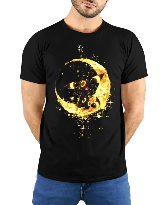 Umbreon Moon Gaze Tee Cute Pokemon Night T-Shirt for Eevee Fans - model wearing black shirt, hands behind back