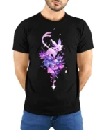 Starry Sylveon Tee Cute Fairy Type Pokemon with Flowers T-Shirt for Trainers - model wearing black shirt, hands behind back