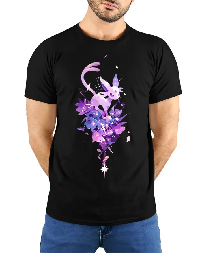 Starry Sylveon Tee Cute Fairy Type Pokemon with Flowers T-Shirt for Trainers - model wearing black shirt, hands behind back