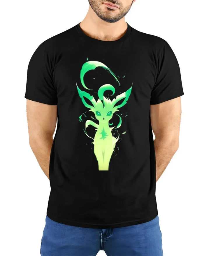 Green Aura Leafeon Tee Glowing Grass Type Pokemon T-Shirt for Trainers - model wearing black shirt, hands behind back