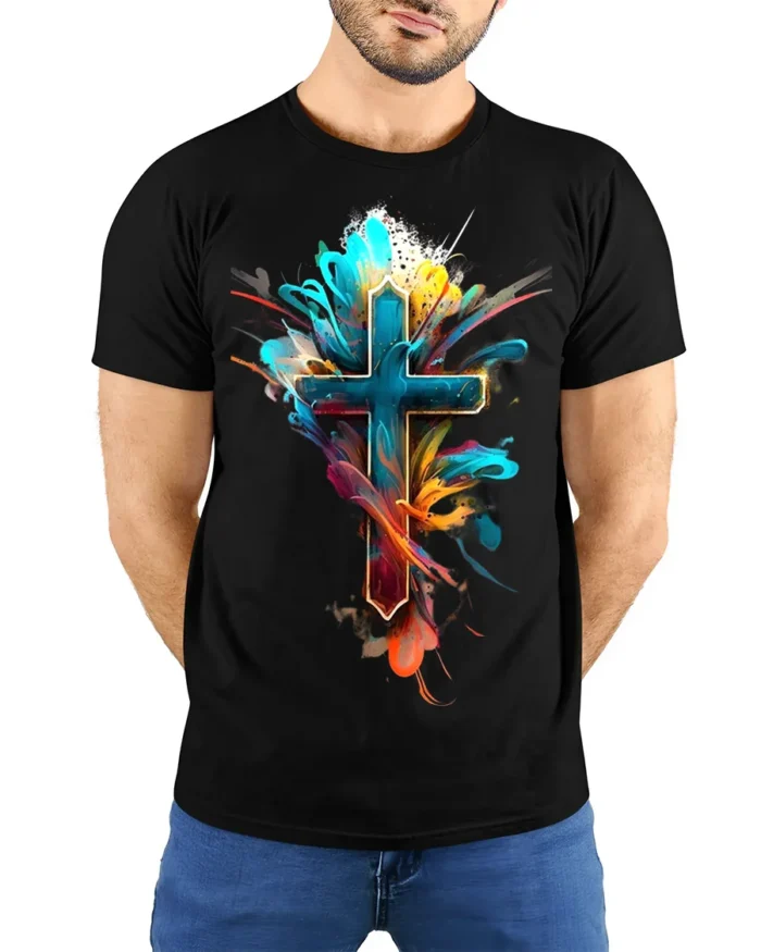 Vibrant Faith Cross Tee Abstract Christian Symbol T-Shirt for Believers - model wearing black shirt, hands behind back