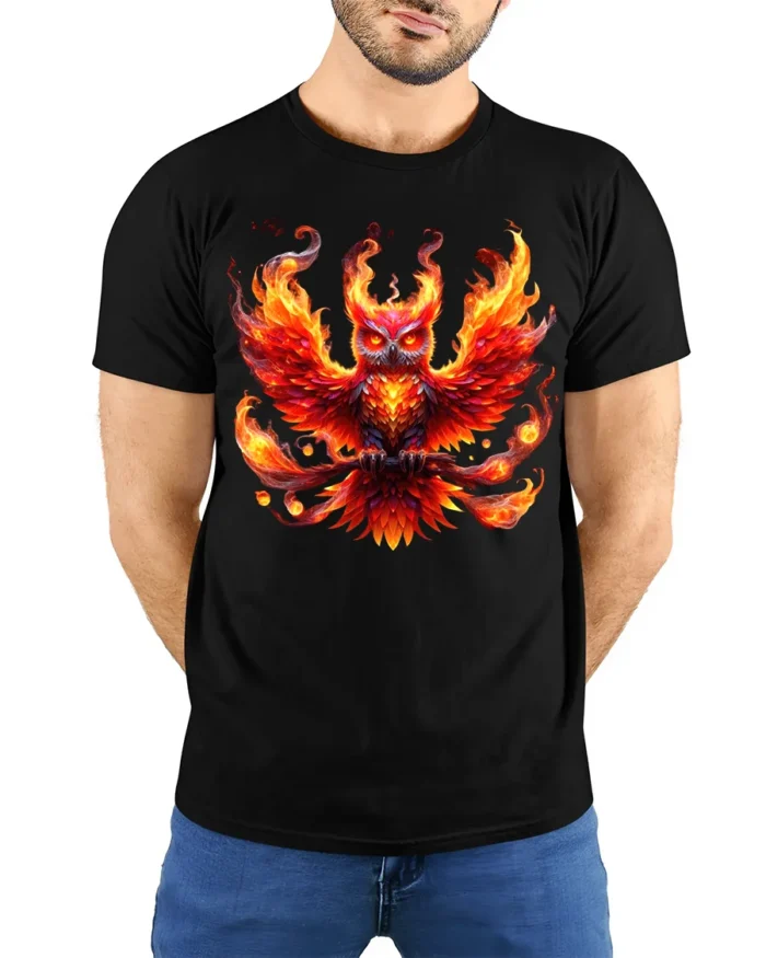 Blazing Owl T-Shirt Fiery Bird Graphic Tee for Fantasy Art Lovers in US - model wearing black shirt, hands behind back
