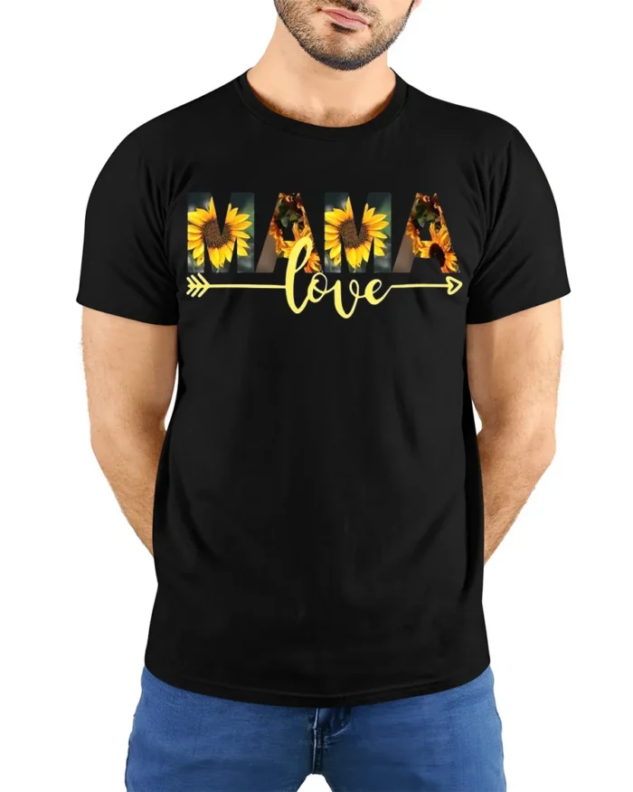 MAMA Love T-Shirt with Sunflower Print Soft Cotton Graphic Tee for Moms - model wearing black shirt, hands behind back