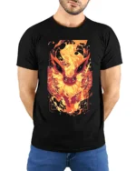 Fiery Flareon T-Shirt Intense Fire Pokemon Graphic Tee for US Fans - model wearing black shirt, hands behind back