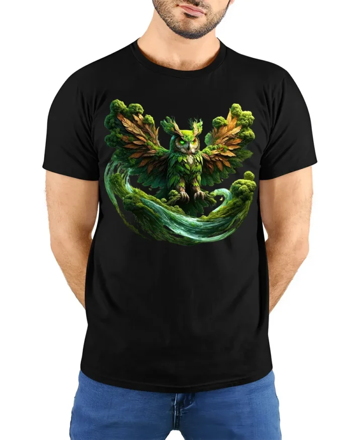Mystic Forest Owl T-Shirt Fantasy Nature Graphic Tee with Earthy Vibes - model wearing black shirt, hands behind back