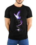 Mystical Purple Butterfly T-Shirt Fantasy Glow Design on Soft Cotton Tee - model wearing black shirt, hands behind back