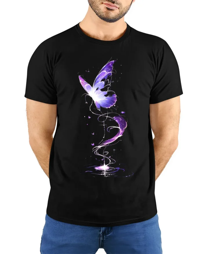 Mystical Purple Butterfly T-Shirt Fantasy Glow Design on Soft Cotton Tee - model wearing black shirt, hands behind back