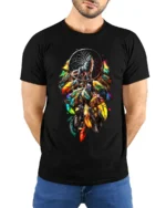 Colorful Feather Wolf T-Shirt Tribal Dreamcatcher Animal Spirit Design Tee - model wearing black shirt, hands behind back