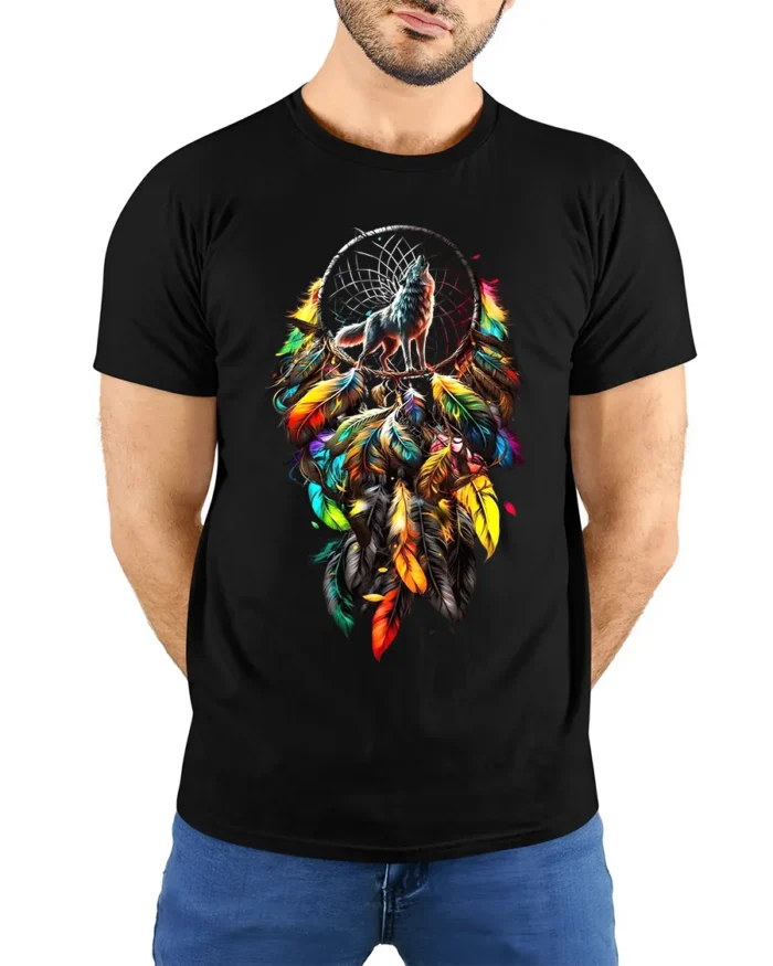 Colorful Feather Wolf T-Shirt Tribal Dreamcatcher Animal Spirit Design Tee - model wearing black shirt, hands behind back