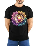 Celestial Sun and Moon T-Shirt Mandala Print Spiritual Boho Graphic Tee - model wearing black shirt, hands behind back