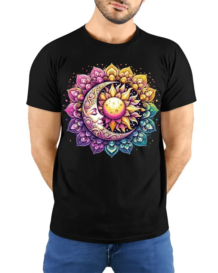 Celestial Sun and Moon T-Shirt Mandala Print Spiritual Boho Graphic Tee - model wearing black shirt, hands behind back