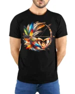 Tribal Bow and Feather T-Shirt Native-Inspired Art Tee with Hand Symbol - model wearing black shirt, hands behind back