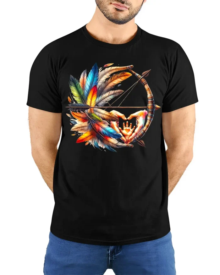 Tribal Bow and Feather T-Shirt Native-Inspired Art Tee with Hand Symbol - model wearing black shirt, hands behind back