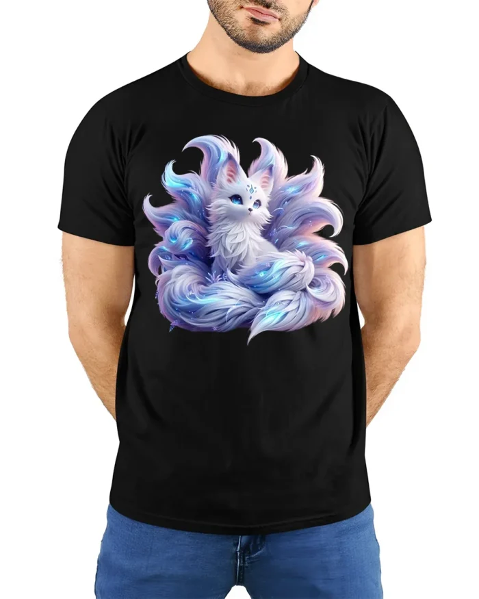 Mystic Nine-Tailed Fox T-Shirt Fantasy Spirit Animal Tee for Fox Lovers - model wearing black shirt, hands behind back
