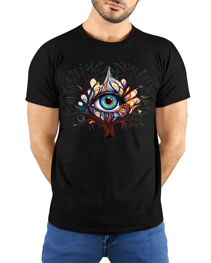 Third Eye Tree T-Shirt Psychedelic Visionary Art Tee for Spiritual Seekers - model wearing black shirt, hands behind back