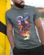 Mystic Flame Fox T-Shirt Elemental Spirit Animal Graphic Tee for Fantasy Fans - model in grey shirt leaning against column