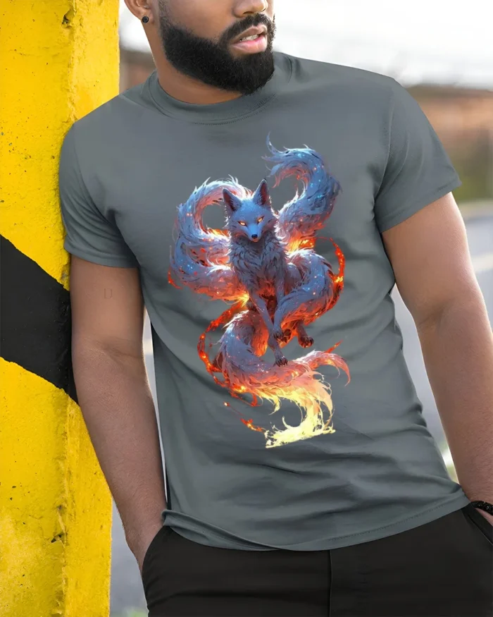 Mystic Flame Fox T-Shirt Elemental Spirit Animal Graphic Tee for Fantasy Fans - model in grey shirt leaning against column