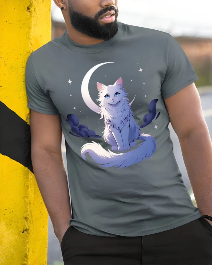 Moon Cat Starlight Whimsical Kitten Moon Stars T-Shirt for Cat Lovers - model in grey shirt leaning against column