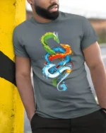 Chromatic Dragon Alliance Vibrant Elemental Dragons T-Shirt for Fantasy Fans - model in grey shirt leaning against column