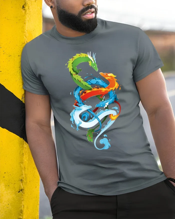 Chromatic Dragon Alliance Vibrant Elemental Dragons T-Shirt for Fantasy Fans - model in grey shirt leaning against column