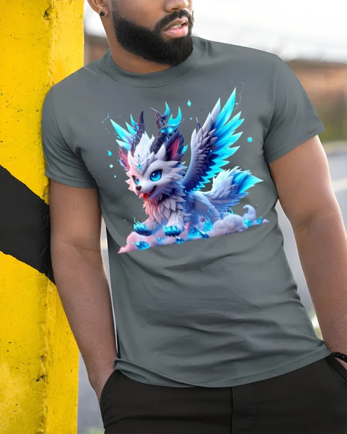 Frost Winged Wolf Tee Cute Icy Creature T-Shirt for Fantasy Lovers - model in grey shirt leaning against column