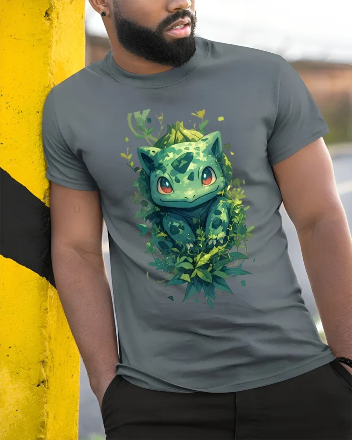 Nature Bulbasaur T-Shirt Cute Pokemon Creature Graphic Tee for US Fans - model in grey shirt leaning against column