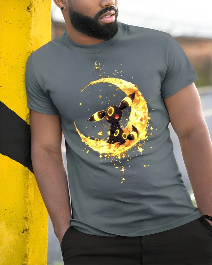Umbreon Moon Gaze Tee Cute Pokemon Night T-Shirt for Eevee Fans - model in grey shirt leaning against column