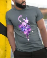 Starry Sylveon Tee Cute Fairy Type Pokemon with Flowers T-Shirt for Trainers - model in grey shirt leaning against column
