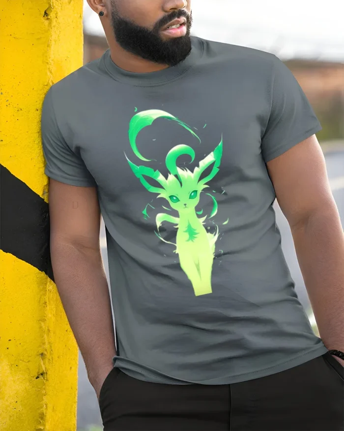 Green Aura Leafeon Tee Glowing Grass Type Pokemon T-Shirt for Trainers - model in grey shirt leaning against column