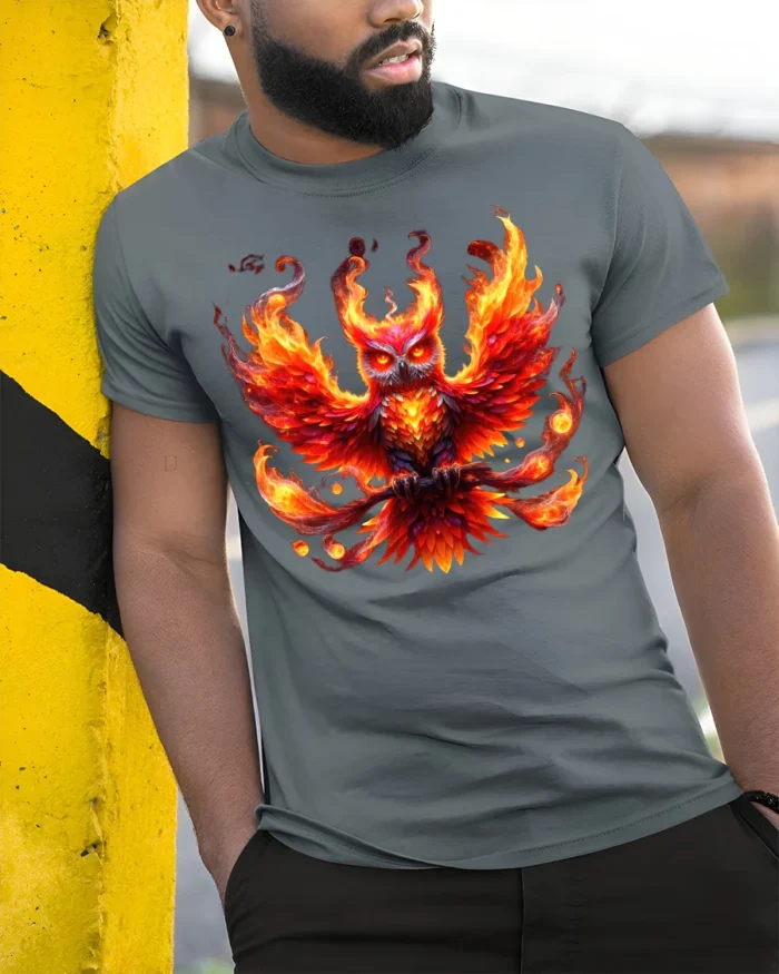 Blazing Owl T-Shirt Fiery Bird Graphic Tee for Fantasy Art Lovers in US - model in grey shirt leaning against column