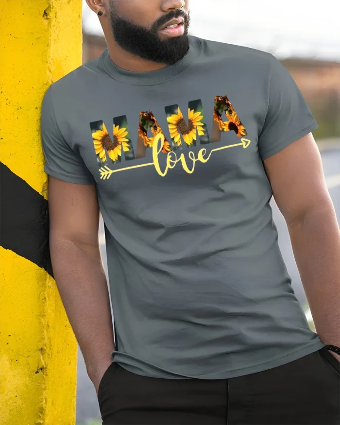 MAMA Love T-Shirt with Sunflower Print Soft Cotton Graphic Tee for Moms - model in grey shirt leaning against column