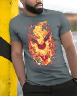 Fiery Flareon T-Shirt Intense Fire Pokemon Graphic Tee for US Fans - model in grey shirt leaning against column