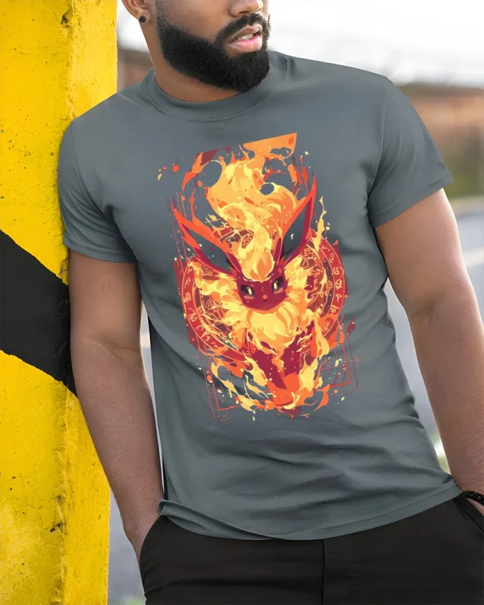 Fiery Flareon T-Shirt Intense Fire Pokemon Graphic Tee for US Fans - model in grey shirt leaning against column