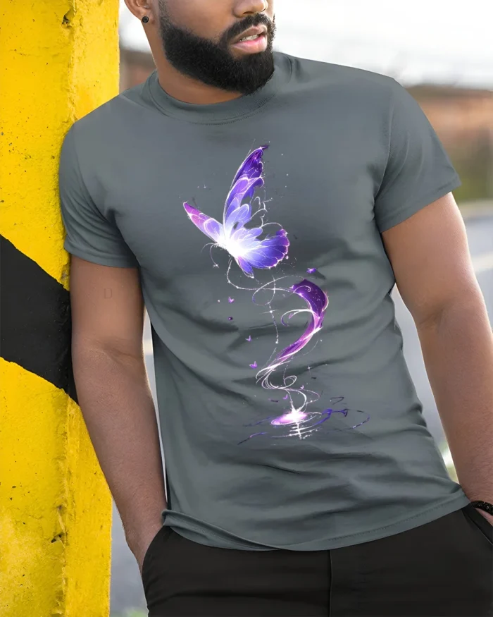 Mystical Purple Butterfly T-Shirt Fantasy Glow Design on Soft Cotton Tee - model in grey shirt leaning against column