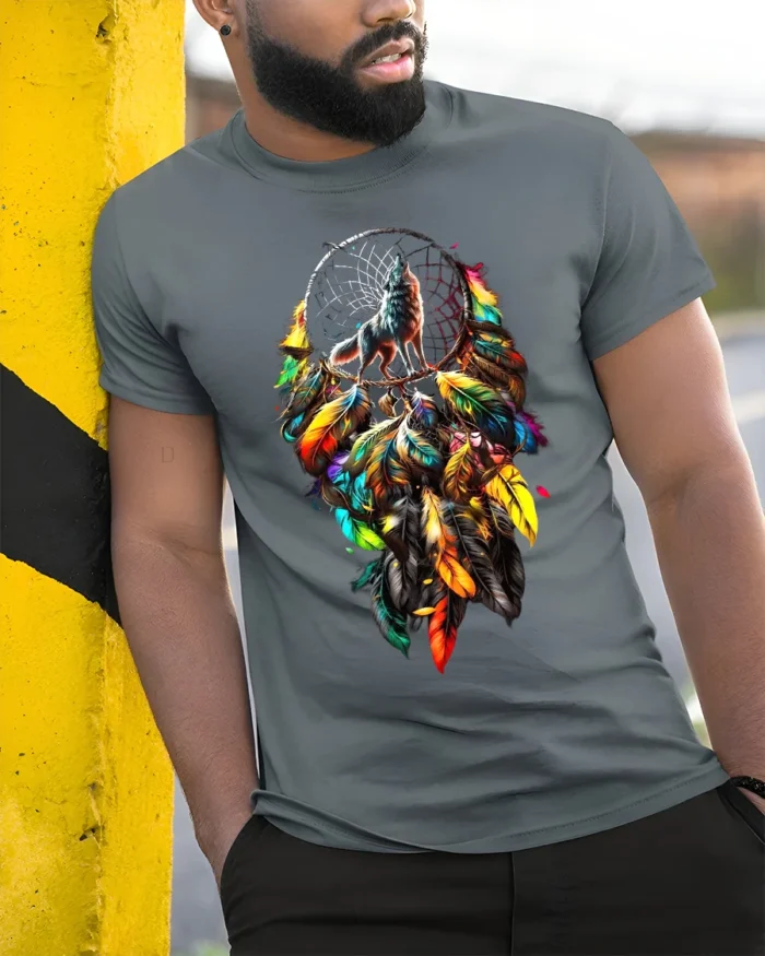 Colorful Feather Wolf T-Shirt Tribal Dreamcatcher Animal Spirit Design Tee - model in grey shirt leaning against column