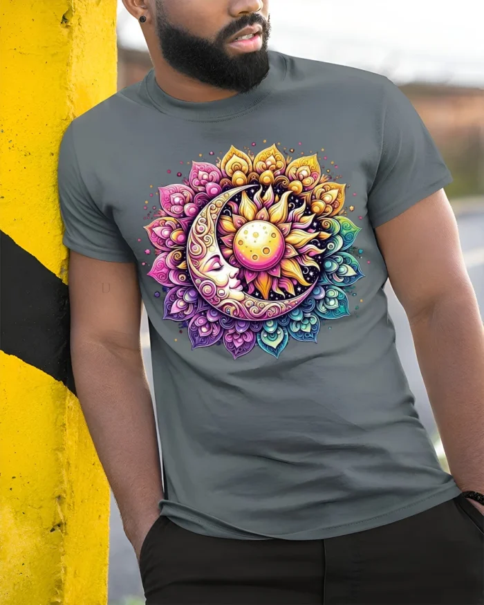 Celestial Sun and Moon T-Shirt Mandala Print Spiritual Boho Graphic Tee - model in grey shirt leaning against column