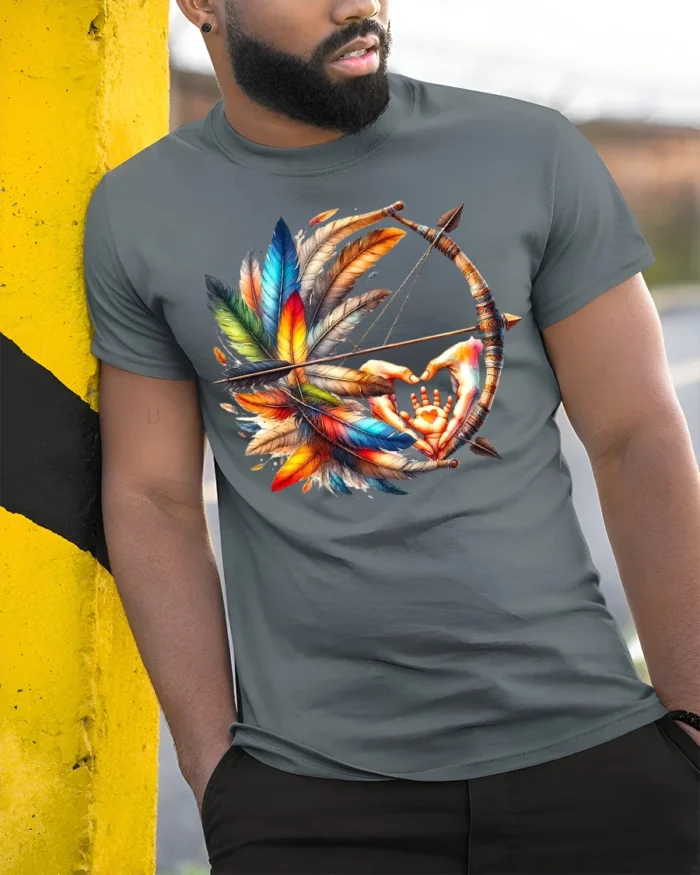 Tribal Bow and Feather T-Shirt Native-Inspired Art Tee with Hand Symbol - model in grey shirt leaning against column