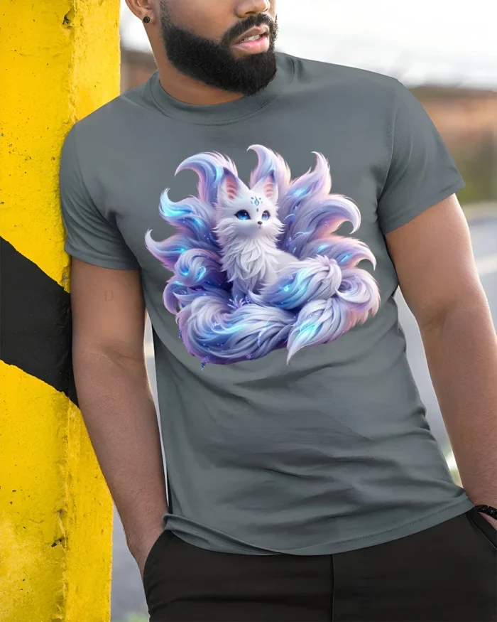 Mystic Nine-Tailed Fox T-Shirt Fantasy Spirit Animal Tee for Fox Lovers - model in grey shirt leaning against column