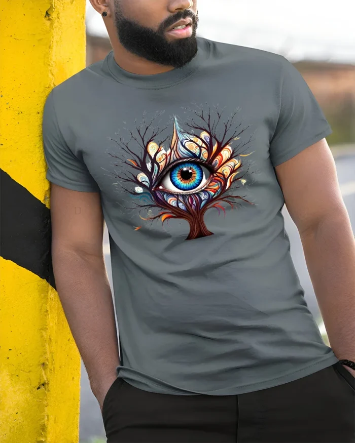 Third Eye Tree T-Shirt Psychedelic Visionary Art Tee for Spiritual Seekers - model in grey shirt leaning against column