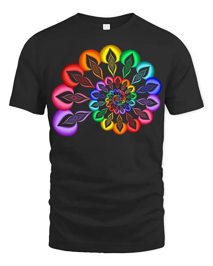 Rainbow Mandala T-Shirt Vibrant Geometric Art Tee - black t-shirt on white background