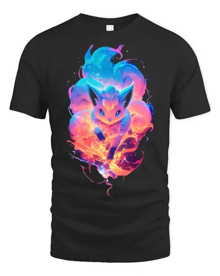 Flaming Fox Spirit T-Shirt Glow in the Dark Style Tee - black t-shirt on white background