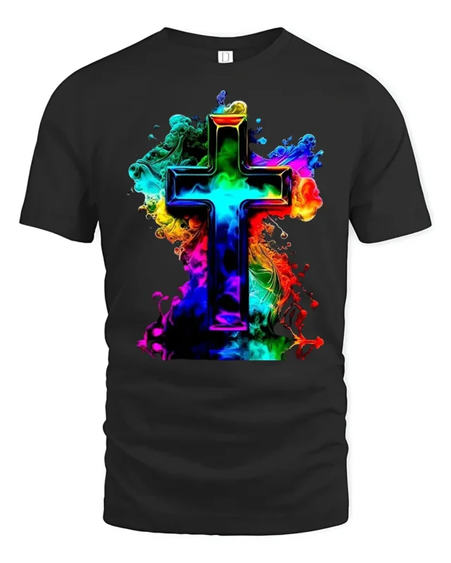 Faith Cross T-Shirt Christian Pride in Rainbow Colors - black t-shirt on white background